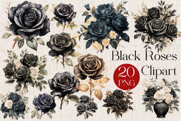 20 Black Watercolor Roses Clipart: Gothic Floral Design Assets