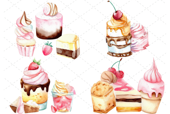 4 Sweet Dessert Watercolor Bundle: Sweet Design Assets
