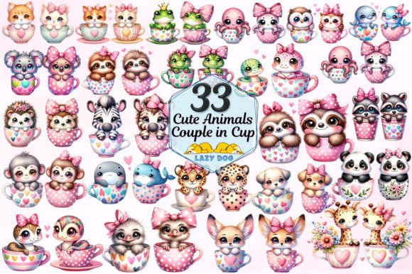 Cute Animals Couple in Cup: Adorable Sublimation PNGs for Your Projects