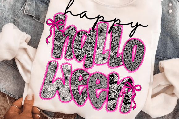 Happy Halloween Lace PNG, Pink Bow Lace: Elegant Spooky Design