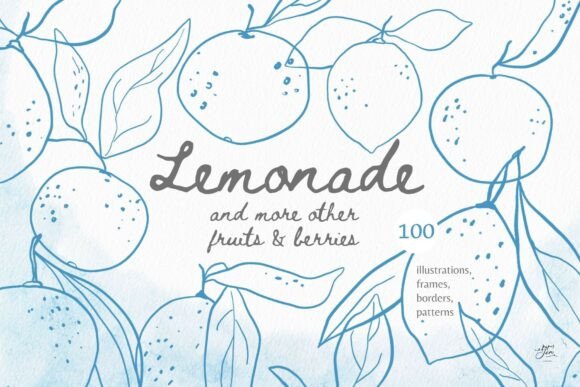 Lemonade: Fresh Fruit & Berry Line Art Cliparts
