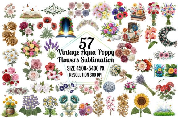 Timeless Botanical Charm: Aqua Poppy Flowers for Sublimation